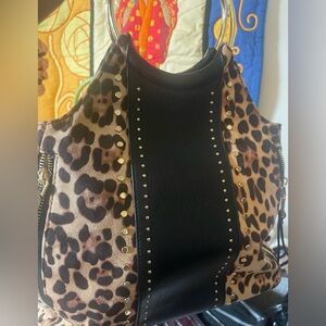 Leopard Print and Black Studded Women's Bag